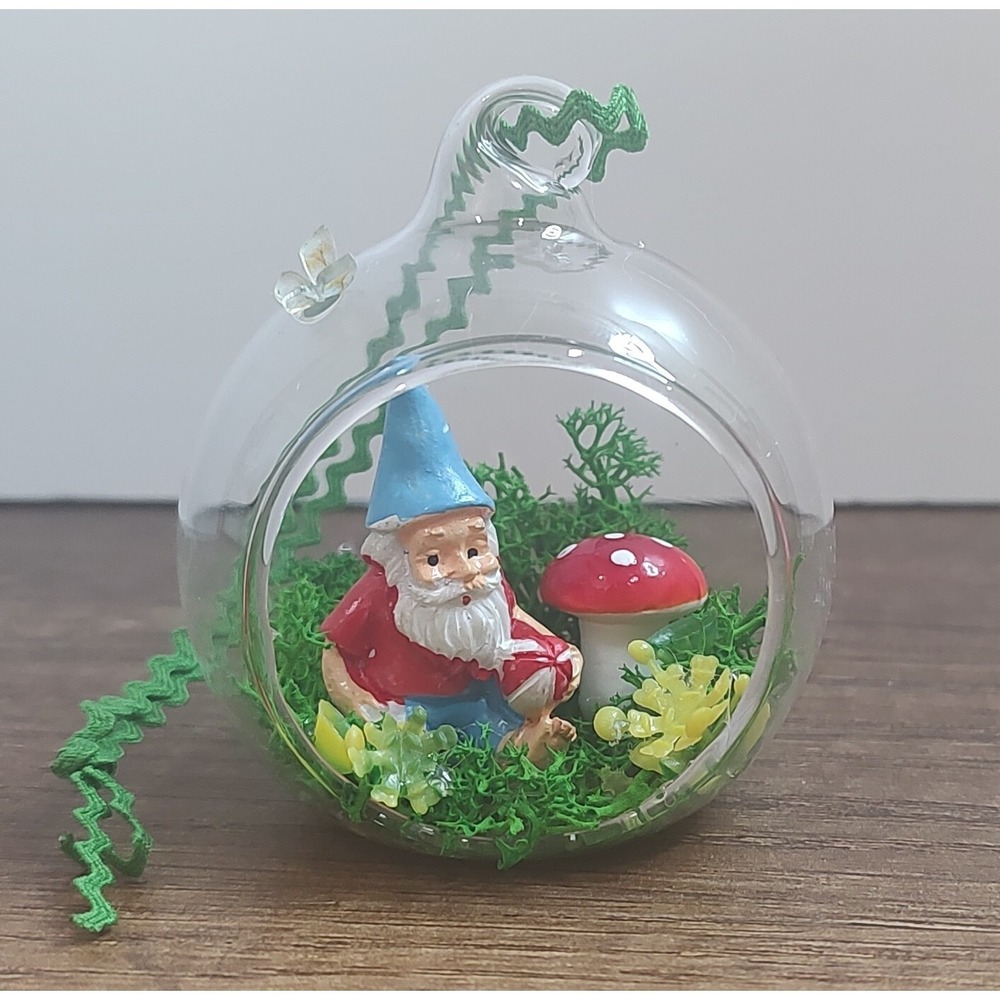 Handmade Glass Diorama Christmas Ornament Terrarium Fairy Garden Gnome Mushroom